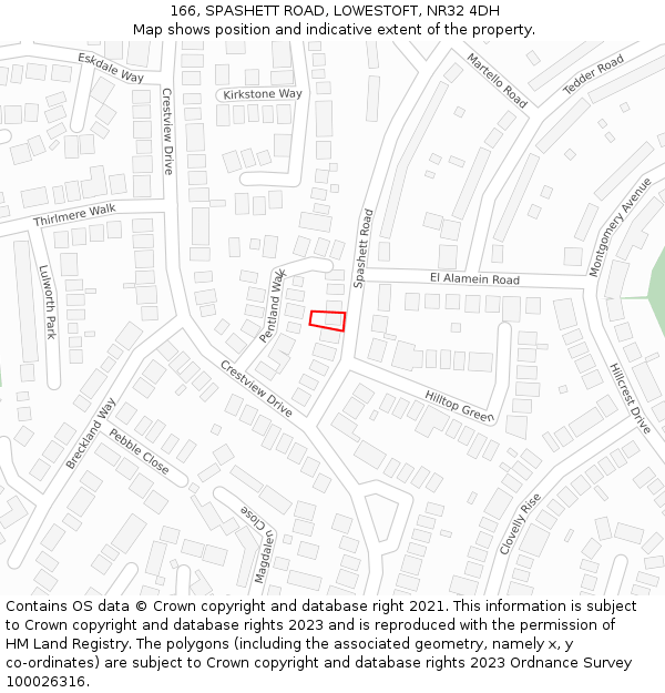 166, SPASHETT ROAD, LOWESTOFT, NR32 4DH: Location map and indicative extent of plot