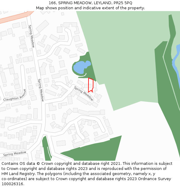 166, SPRING MEADOW, LEYLAND, PR25 5PQ: Location map and indicative extent of plot