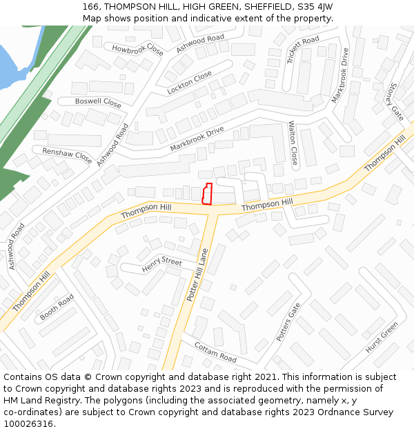 166, THOMPSON HILL, HIGH GREEN, SHEFFIELD, S35 4JW: Location map and indicative extent of plot