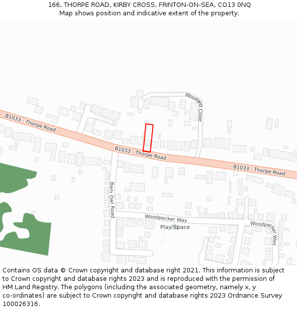 166, THORPE ROAD, KIRBY CROSS, FRINTON-ON-SEA, CO13 0NQ: Location map and indicative extent of plot