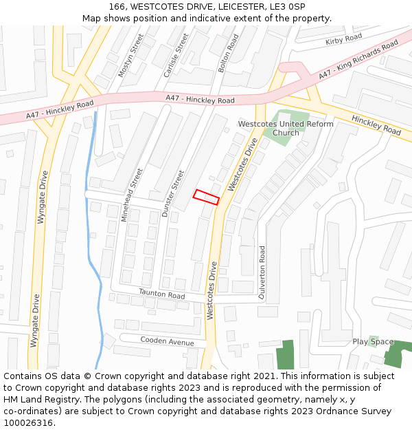 166, WESTCOTES DRIVE, LEICESTER, LE3 0SP: Location map and indicative extent of plot