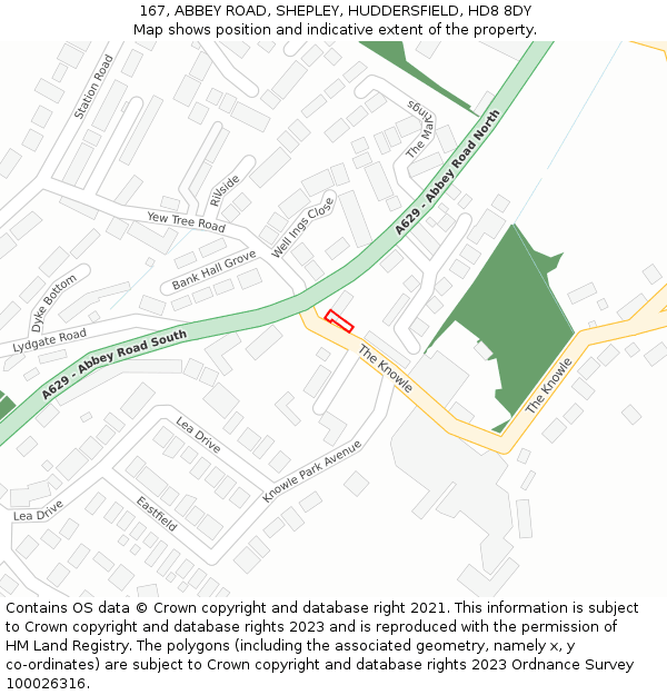 167, ABBEY ROAD, SHEPLEY, HUDDERSFIELD, HD8 8DY: Location map and indicative extent of plot