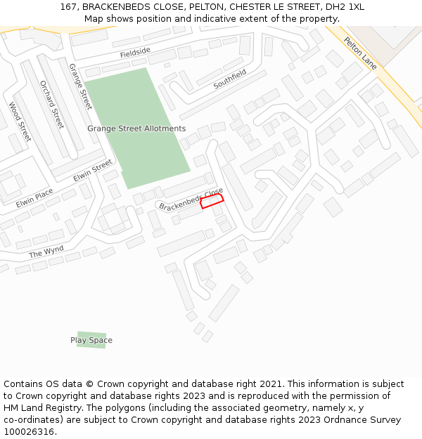 167, BRACKENBEDS CLOSE, PELTON, CHESTER LE STREET, DH2 1XL: Location map and indicative extent of plot