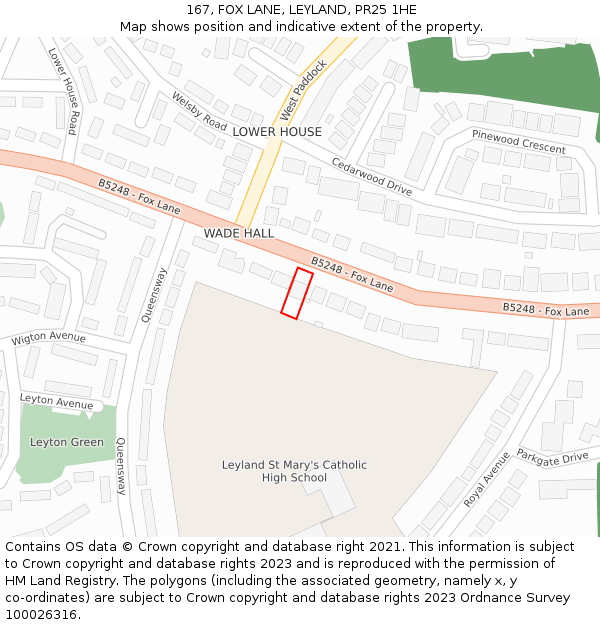 167, FOX LANE, LEYLAND, PR25 1HE: Location map and indicative extent of plot