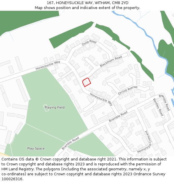 167, HONEYSUCKLE WAY, WITHAM, CM8 2YD: Location map and indicative extent of plot