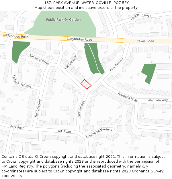 167, PARK AVENUE, WATERLOOVILLE, PO7 5EY: Location map and indicative extent of plot