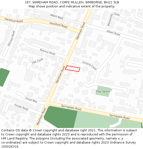 167, WAREHAM ROAD, CORFE MULLEN, WIMBORNE, BH21 3LB: Location map and indicative extent of plot