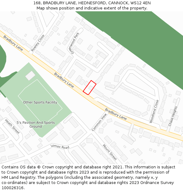 168, BRADBURY LANE, HEDNESFORD, CANNOCK, WS12 4EN: Location map and indicative extent of plot