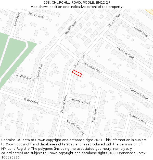 168, CHURCHILL ROAD, POOLE, BH12 2JF: Location map and indicative extent of plot