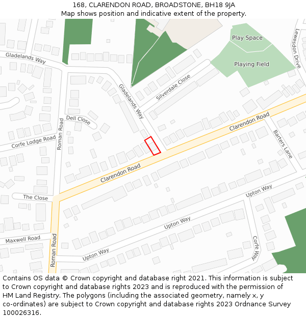 168, CLARENDON ROAD, BROADSTONE, BH18 9JA: Location map and indicative extent of plot