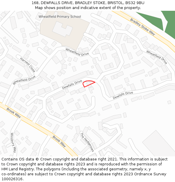 168, DEWFALLS DRIVE, BRADLEY STOKE, BRISTOL, BS32 9BU: Location map and indicative extent of plot