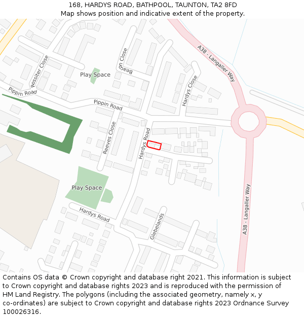 168, HARDYS ROAD, BATHPOOL, TAUNTON, TA2 8FD: Location map and indicative extent of plot