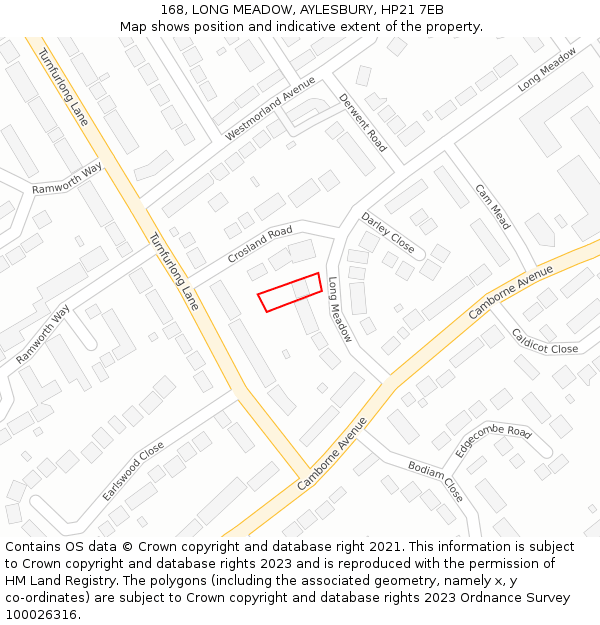 168, LONG MEADOW, AYLESBURY, HP21 7EB: Location map and indicative extent of plot