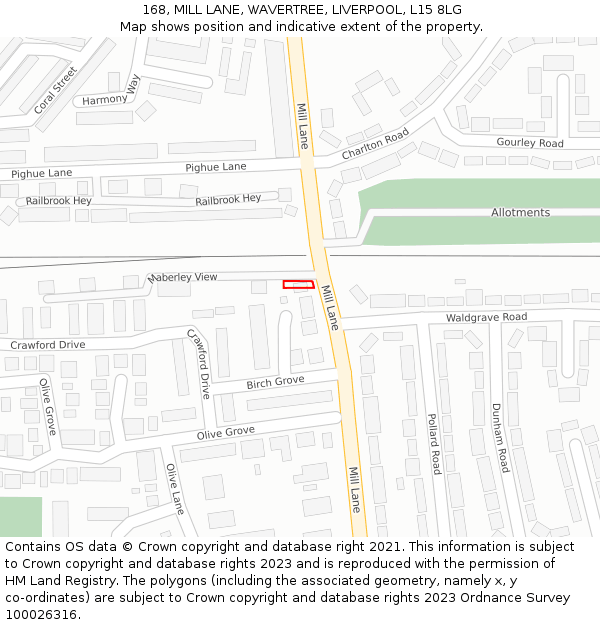 168, MILL LANE, WAVERTREE, LIVERPOOL, L15 8LG: Location map and indicative extent of plot