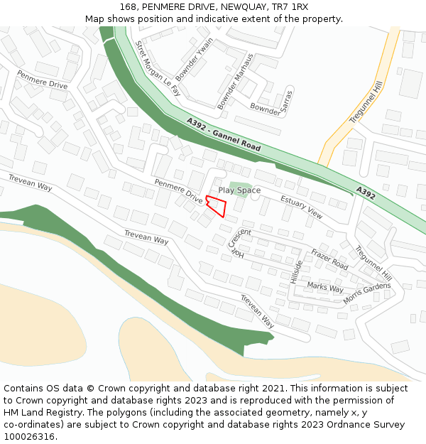 168, PENMERE DRIVE, NEWQUAY, TR7 1RX: Location map and indicative extent of plot