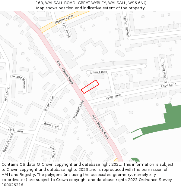 168, WALSALL ROAD, GREAT WYRLEY, WALSALL, WS6 6NQ: Location map and indicative extent of plot