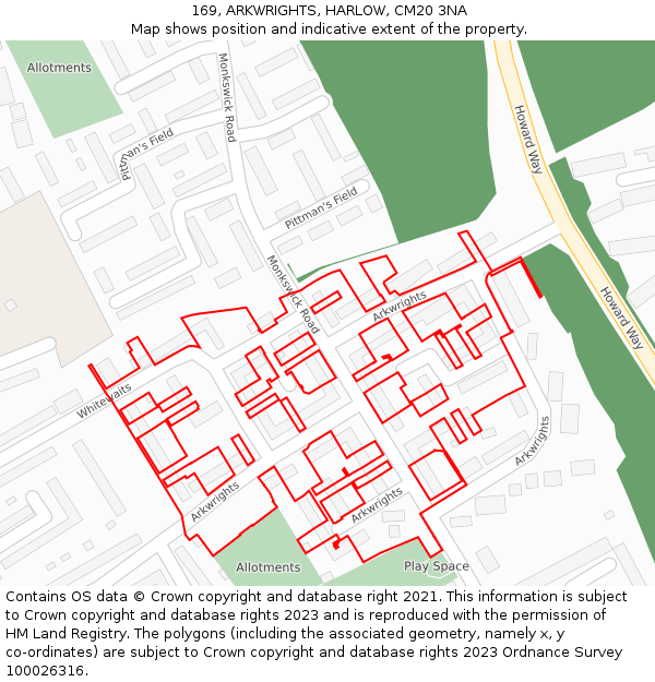 169, ARKWRIGHTS, HARLOW, CM20 3NA: Location map and indicative extent of plot