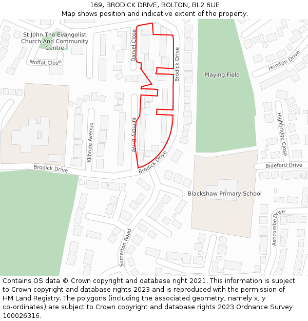 169, BRODICK DRIVE, BOLTON, BL2 6UE: Location map and indicative extent of plot