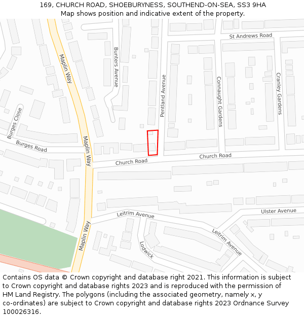 169, CHURCH ROAD, SHOEBURYNESS, SOUTHEND-ON-SEA, SS3 9HA: Location map and indicative extent of plot