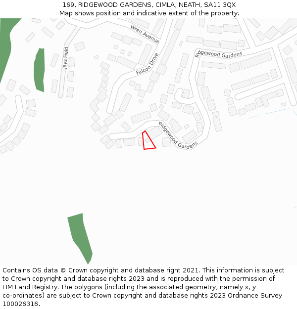 169, RIDGEWOOD GARDENS, CIMLA, NEATH, SA11 3QX: Location map and indicative extent of plot