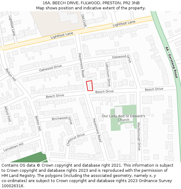 16A, BEECH DRIVE, FULWOOD, PRESTON, PR2 3NB: Location map and indicative extent of plot