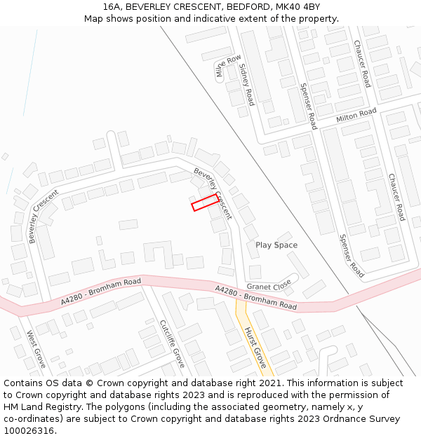 16A, BEVERLEY CRESCENT, BEDFORD, MK40 4BY: Location map and indicative extent of plot
