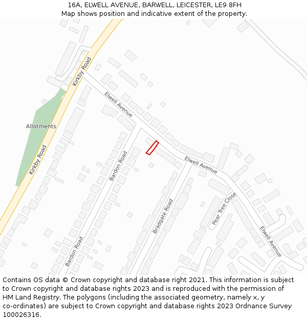 16A, ELWELL AVENUE, BARWELL, LEICESTER, LE9 8FH: Location map and indicative extent of plot