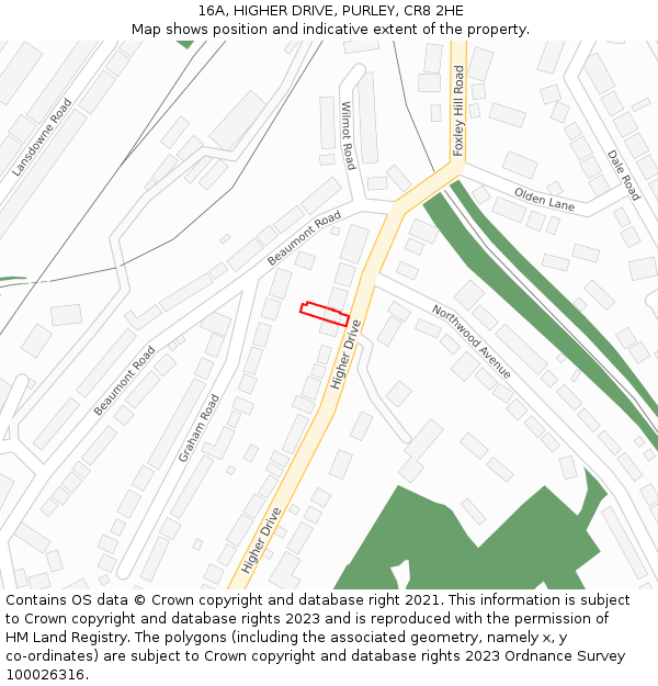 16A, HIGHER DRIVE, PURLEY, CR8 2HE: Location map and indicative extent of plot