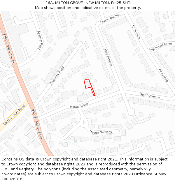 16A, MILTON GROVE, NEW MILTON, BH25 6HD: Location map and indicative extent of plot