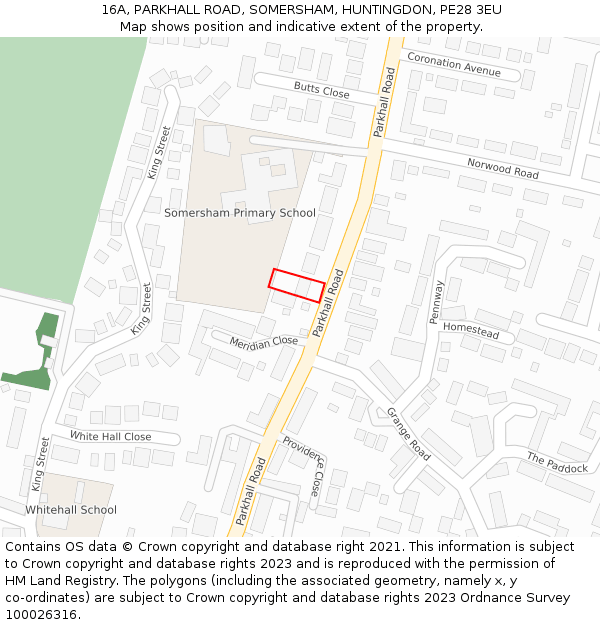 16A, PARKHALL ROAD, SOMERSHAM, HUNTINGDON, PE28 3EU: Location map and indicative extent of plot