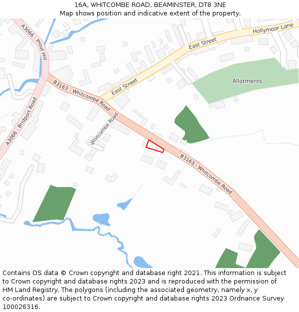 16A, WHITCOMBE ROAD, BEAMINSTER, DT8 3NE: Location map and indicative extent of plot