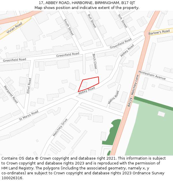 17, ABBEY ROAD, HARBORNE, BIRMINGHAM, B17 0JT: Location map and indicative extent of plot