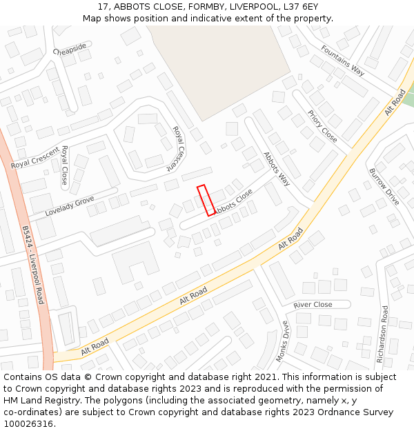 17, ABBOTS CLOSE, FORMBY, LIVERPOOL, L37 6EY: Location map and indicative extent of plot