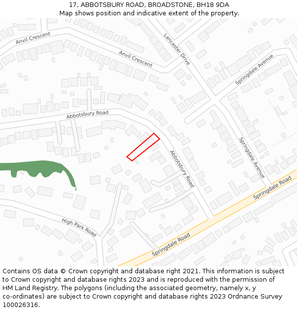 17, ABBOTSBURY ROAD, BROADSTONE, BH18 9DA: Location map and indicative extent of plot