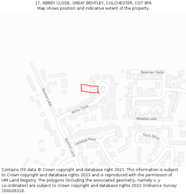 17, ABREY CLOSE, GREAT BENTLEY, COLCHESTER, CO7 8FA: Location map and indicative extent of plot