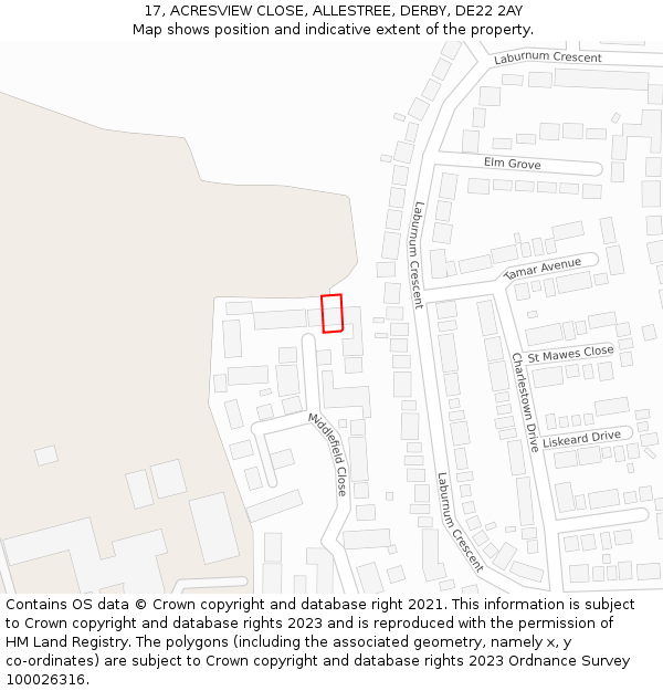17, ACRESVIEW CLOSE, ALLESTREE, DERBY, DE22 2AY: Location map and indicative extent of plot