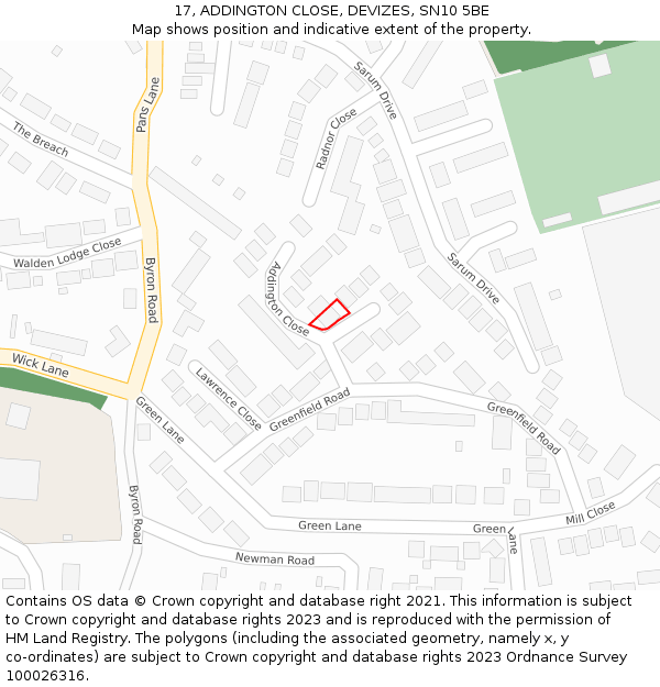 17, ADDINGTON CLOSE, DEVIZES, SN10 5BE: Location map and indicative extent of plot