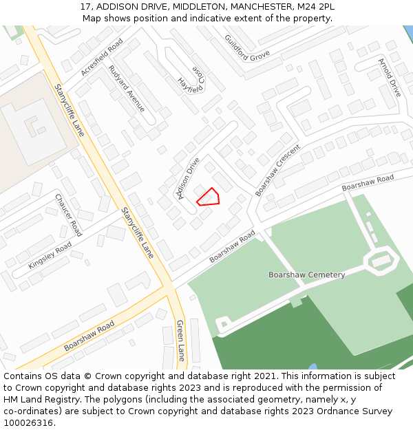17, ADDISON DRIVE, MIDDLETON, MANCHESTER, M24 2PL: Location map and indicative extent of plot