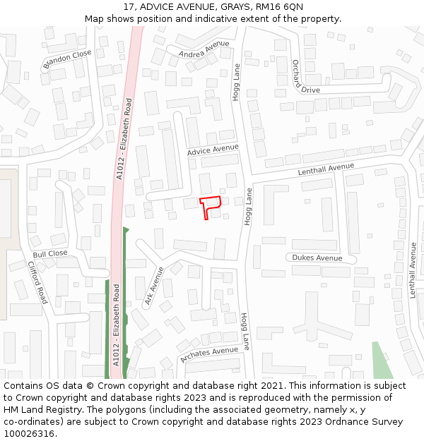 17, ADVICE AVENUE, GRAYS, RM16 6QN: Location map and indicative extent of plot