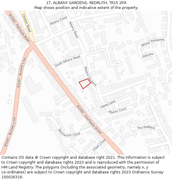 17, ALBANY GARDENS, REDRUTH, TR15 2PA: Location map and indicative extent of plot