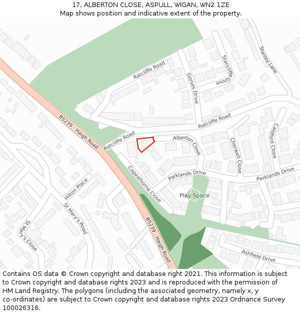 17, ALBERTON CLOSE, ASPULL, WIGAN, WN2 1ZE: Location map and indicative extent of plot