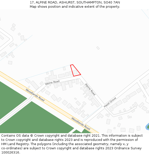 17, ALPINE ROAD, ASHURST, SOUTHAMPTON, SO40 7AN: Location map and indicative extent of plot