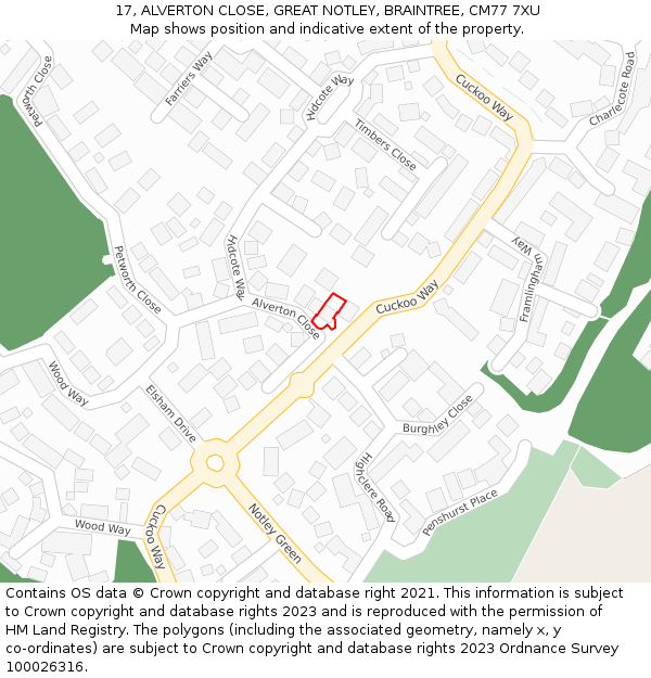 17, ALVERTON CLOSE, GREAT NOTLEY, BRAINTREE, CM77 7XU: Location map and indicative extent of plot