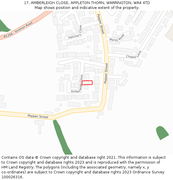 17, AMBERLEIGH CLOSE, APPLETON THORN, WARRINGTON, WA4 4TD: Location map and indicative extent of plot