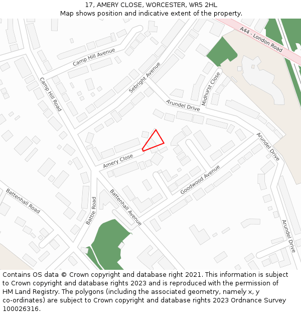 17, AMERY CLOSE, WORCESTER, WR5 2HL: Location map and indicative extent of plot