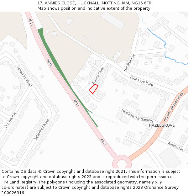 17, ANNIES CLOSE, HUCKNALL, NOTTINGHAM, NG15 6FR: Location map and indicative extent of plot