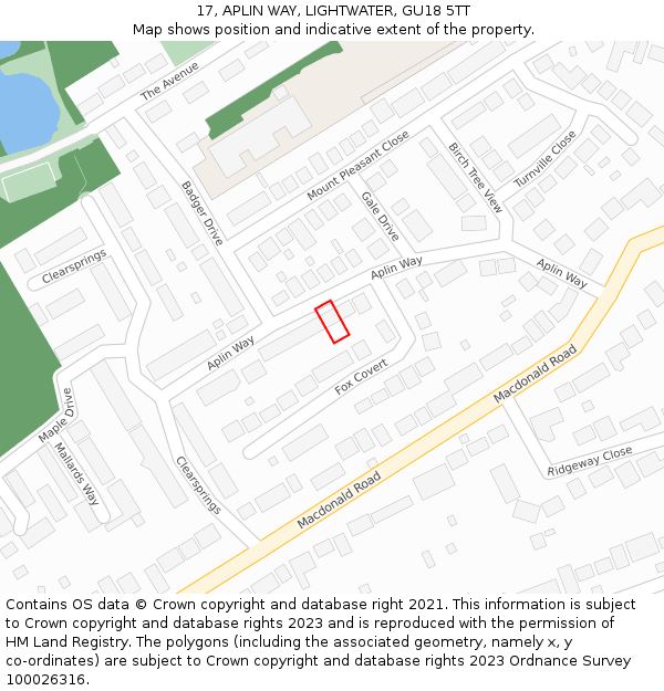 17, APLIN WAY, LIGHTWATER, GU18 5TT: Location map and indicative extent of plot