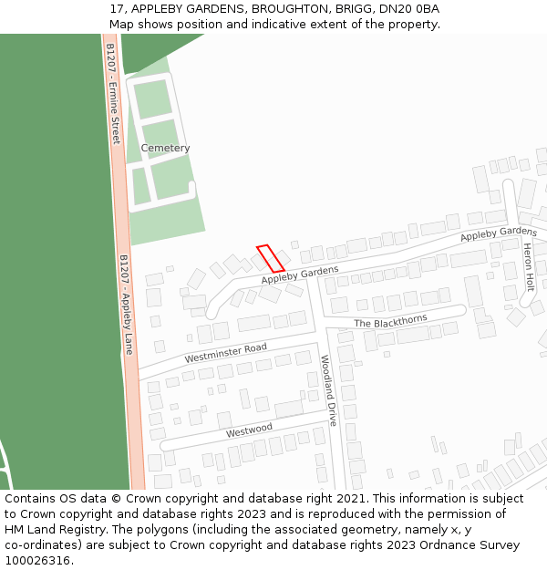 17, APPLEBY GARDENS, BROUGHTON, BRIGG, DN20 0BA: Location map and indicative extent of plot