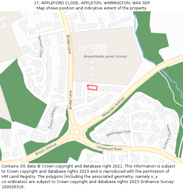 17, APPLEFORD CLOSE, APPLETON, WARRINGTON, WA4 3DP: Location map and indicative extent of plot