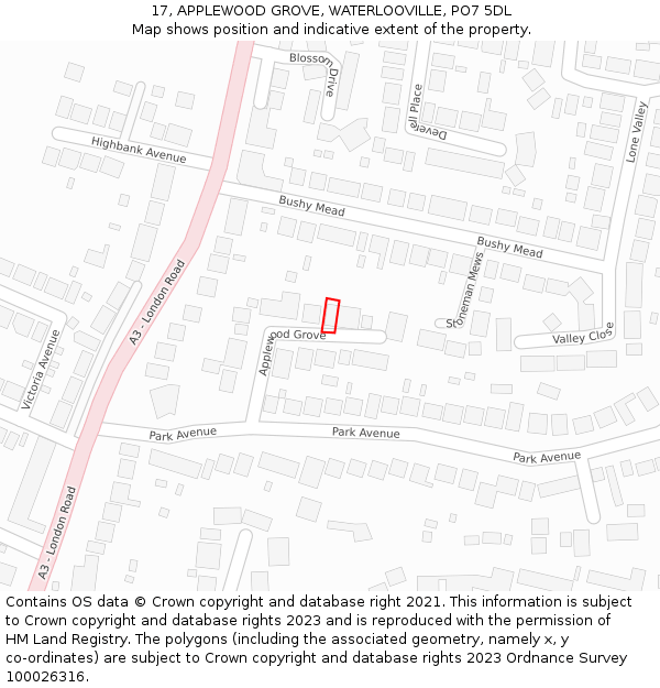 17, APPLEWOOD GROVE, WATERLOOVILLE, PO7 5DL: Location map and indicative extent of plot